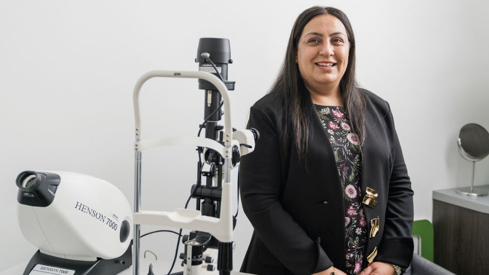 Optometrist Rashida Shaikh at EyePad Opticians in Old Trafford, Manchester