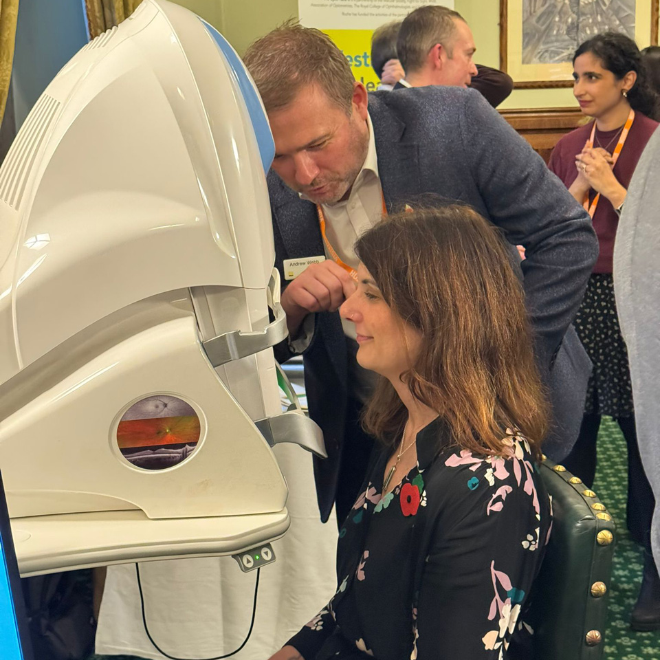 Cat Eccles, MP for Stourbridge, having an OCT scan performed during Westminster Eye Health Day 2024
