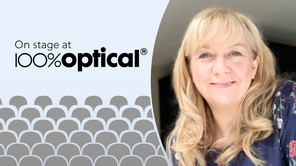 A graphic includes a headshot of Christine in a circle, with a light blue background and the words ‘On stage at 100% Optical’  