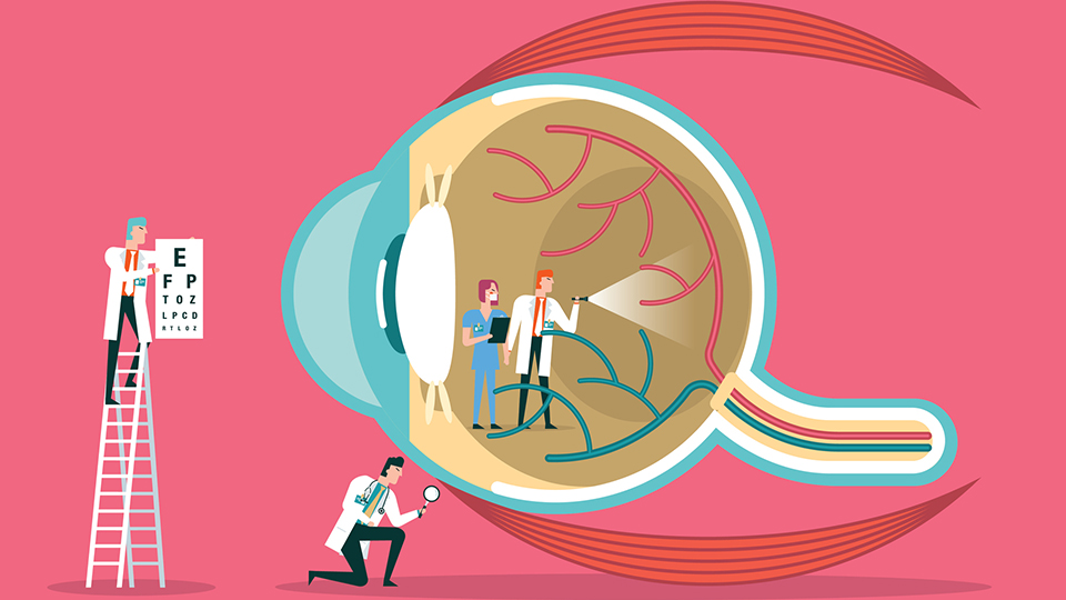 A cartoon team of doctors diagnose a human eye on a bright pink background 
