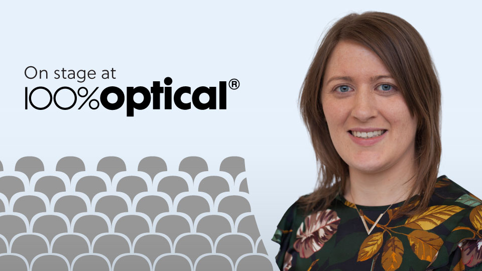 A graphic includes a headshot of Marie-Therese in a circle, with a light blue background and the words ‘On stage at 100% Optical’  