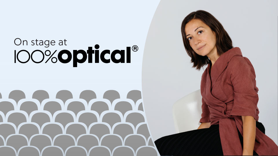 A graphic includes a headshot of Selin in a circle, with a light blue background and the words ‘On stage at 100% Optical’  