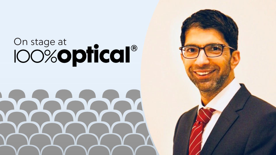 A graphic includes a headshot of Tariq in a circle, with a light blue background and the words ‘On stage at 100% Optical’ 