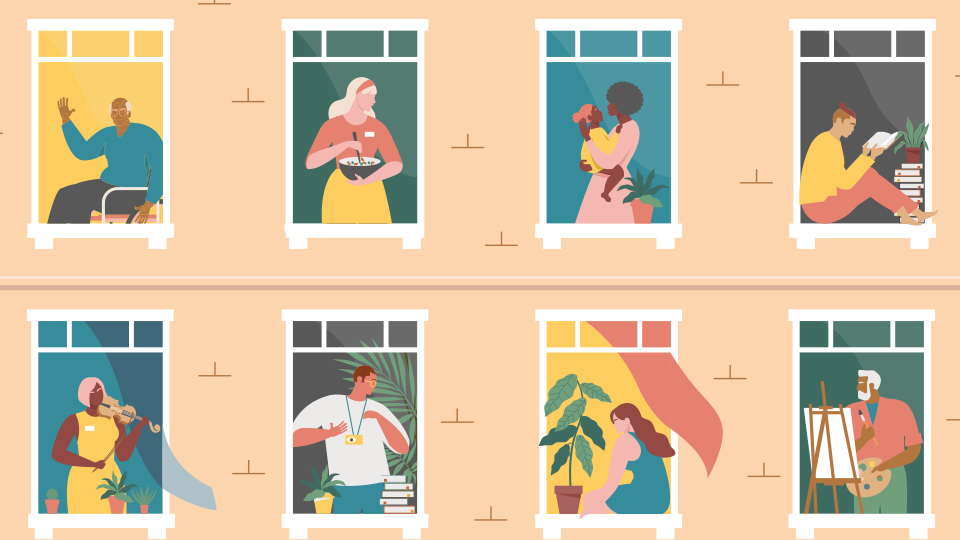 Eight windows with different people in each window