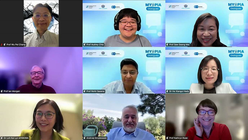 A video call between panellists for the Singapore National Eye Centre Myopia Dialogues webinar is displayed