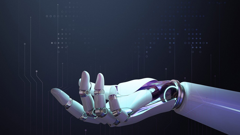 An animation of a white robot hand is viewed in profile with the open palm facing upwards 