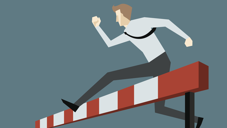 Illustration of a man in a shirt and tie jumping over a hurdle 