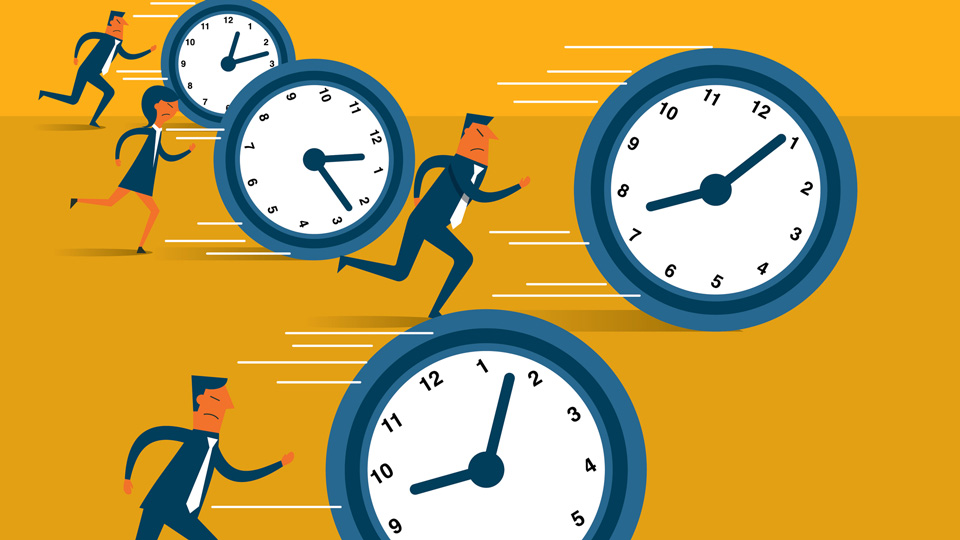 Illustration of four people chasing clock faces 