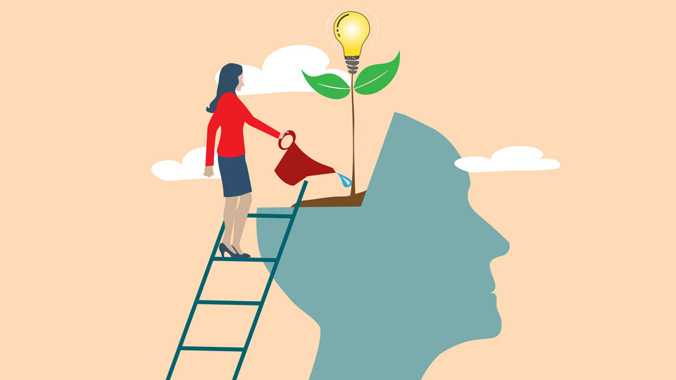 Animation of a person watering plants inside a large oversized head