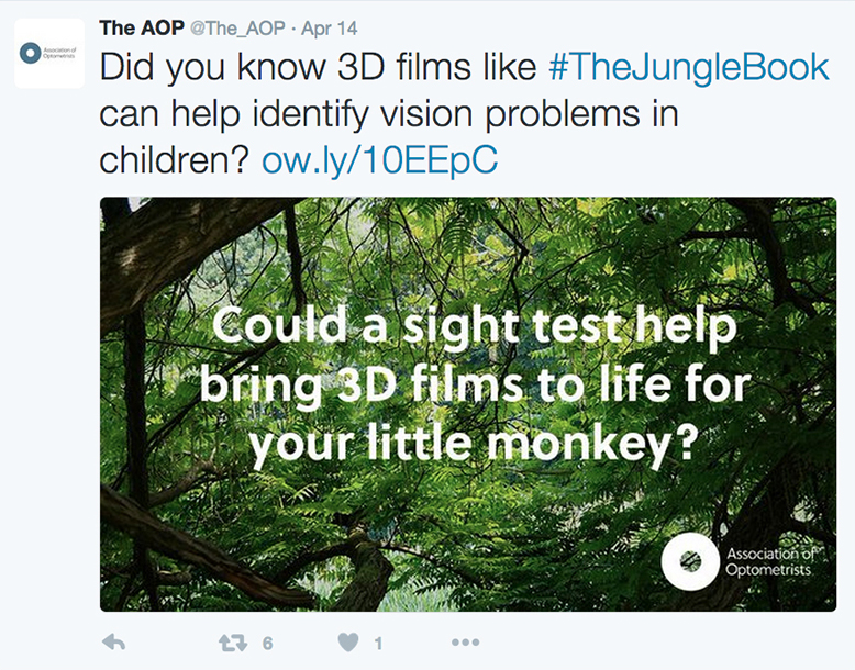 A tweet from the AOP 3D vision social media campaign